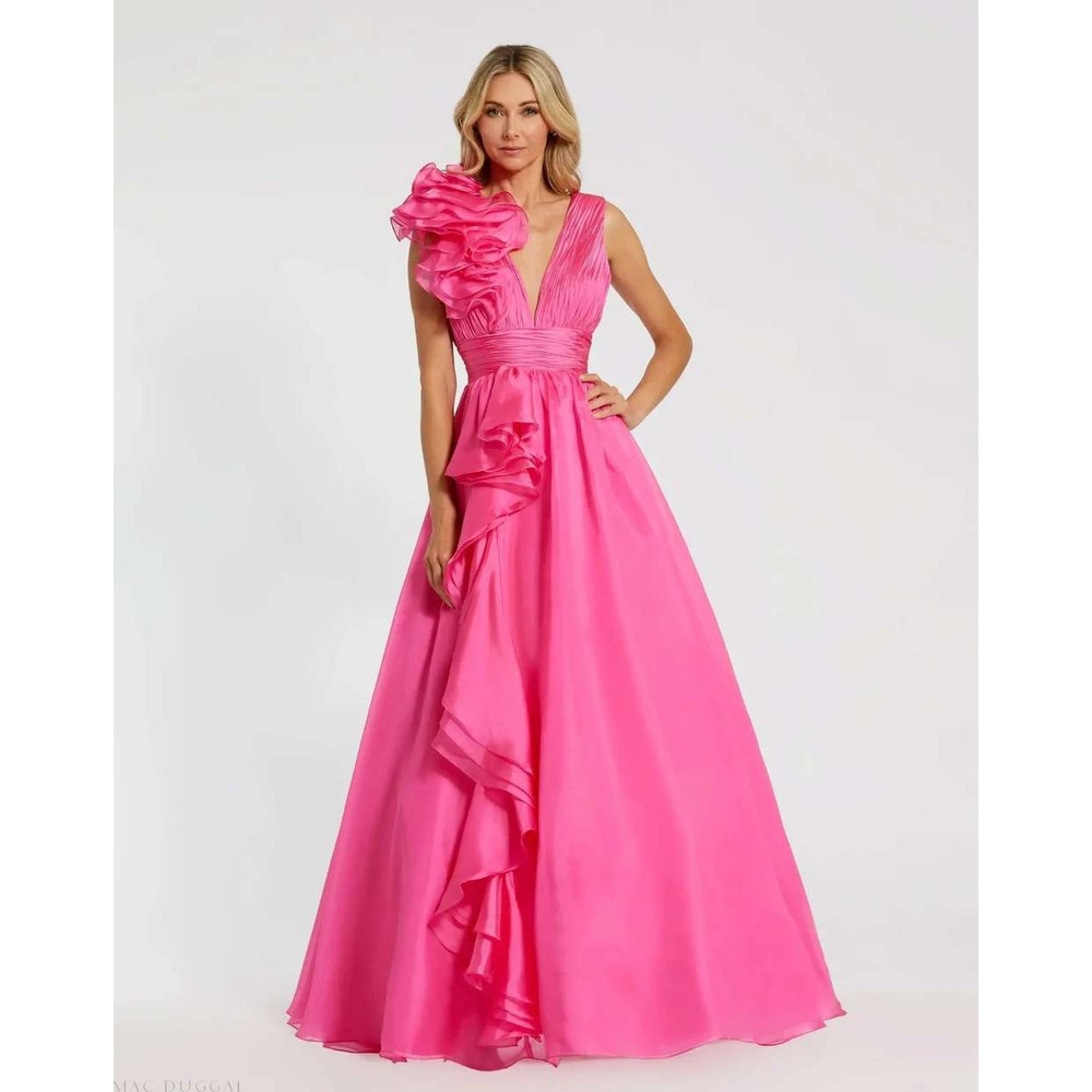 NWT Mac Duggal Pink Ruffle Shoulder‎ V-Neck Chiffon Gown $498 - Size 2
